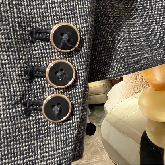 TOMMY HILFIGER Womens 10 Navy Blue Tweed Linen Look Jacket Blazer Lapel Logo Pin - Picture 15 of 16
